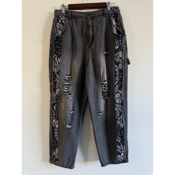 Easel Black Distressed Bandana Jeans Suspenders Overalls size Large - Picture 6 of 15